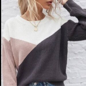 SHEIN Tri-Tone Knit Sweater - White, Pink, Gray